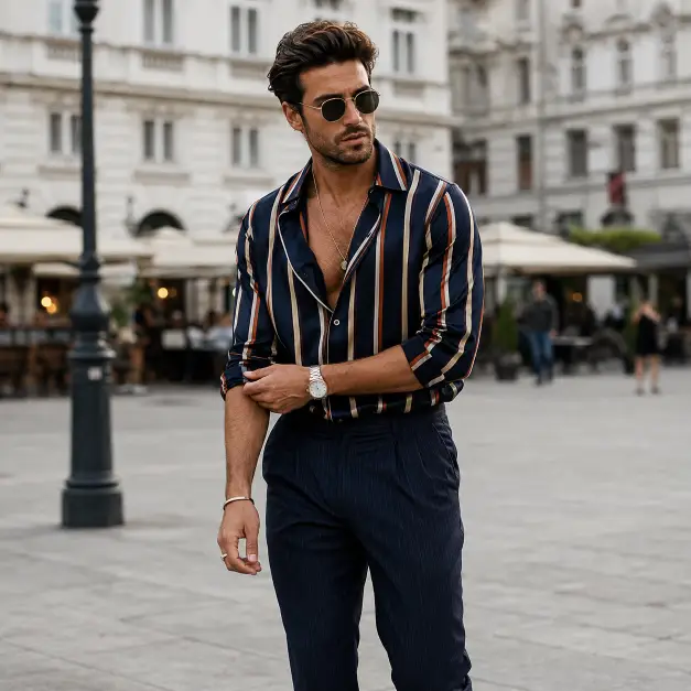 Navy Striped Satin Shirt Street Fashion Prompt for Men