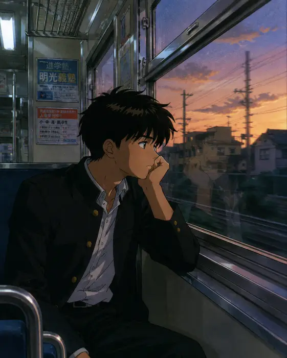Retro Anime Style Prompt for a Moody Train Window Scene