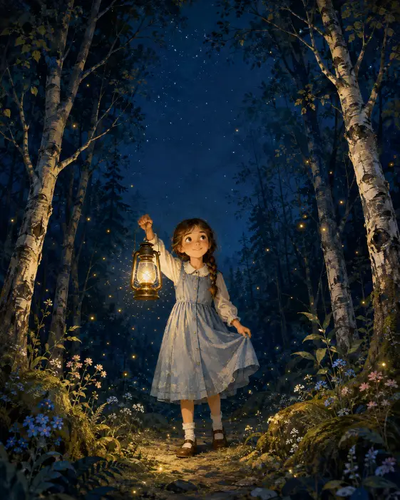 Lantern Girl Storybook Cover Prompt for Night Forest Art