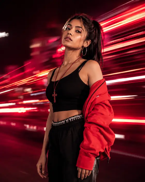 Red Jacket Neon Portrait Prompt for Night Fashion Photos