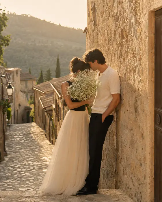 Golden Hour Pre Wedding Prompt for Italian Village Photos