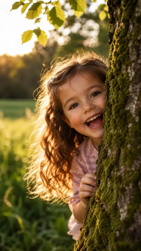 Child Peeking Behind Tree Portrait Prompt for Golden Hour
